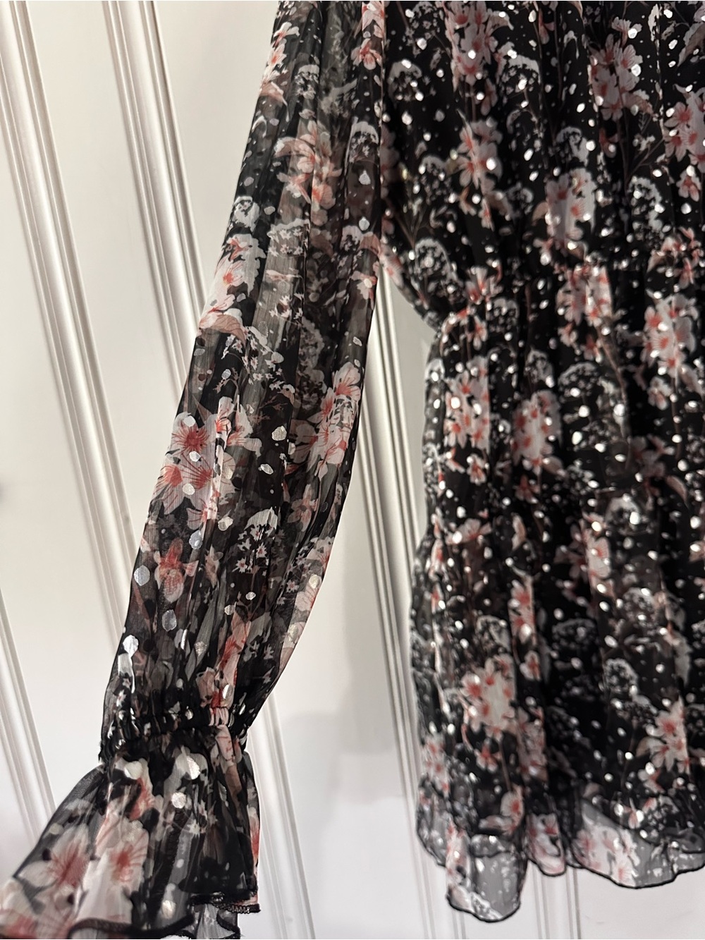 O.P.T Floral Black Mini Dress with Silver Dots that glimmer in the light - Picture 4 of 9